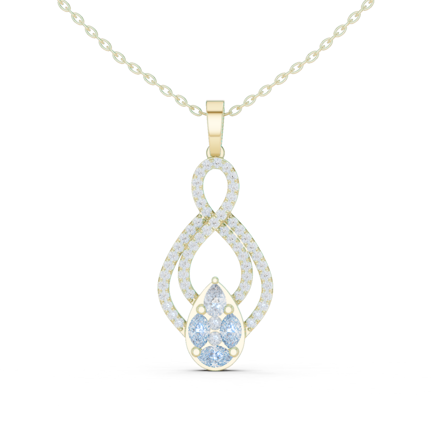 infinity-inspired pendant with a pavé diamond loop and a pear-shaped cluster centerpiece.