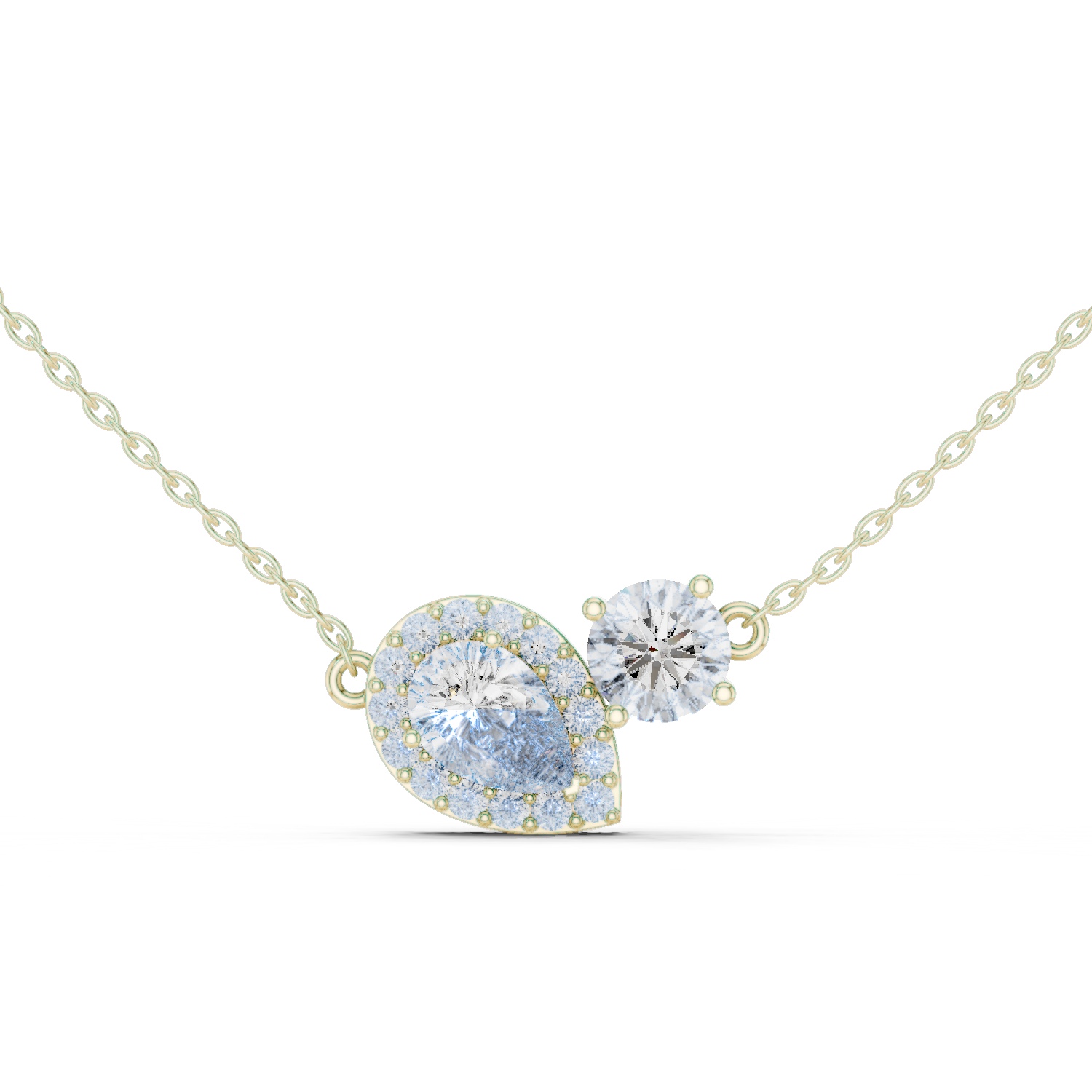 Pear and round diamond duo pendant with a pavé halo
