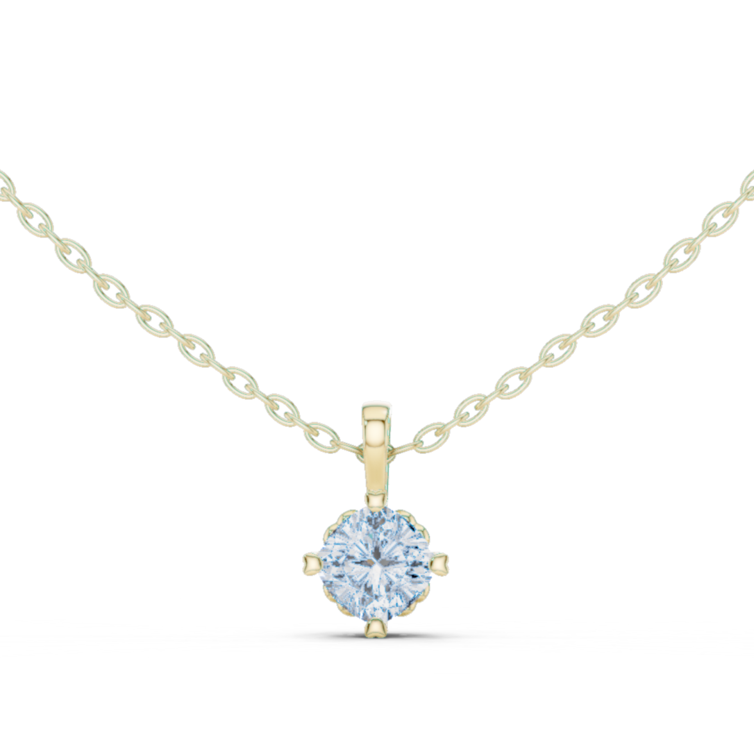 round brilliant-cut diamond solitaire pendant in a six-prong setting.