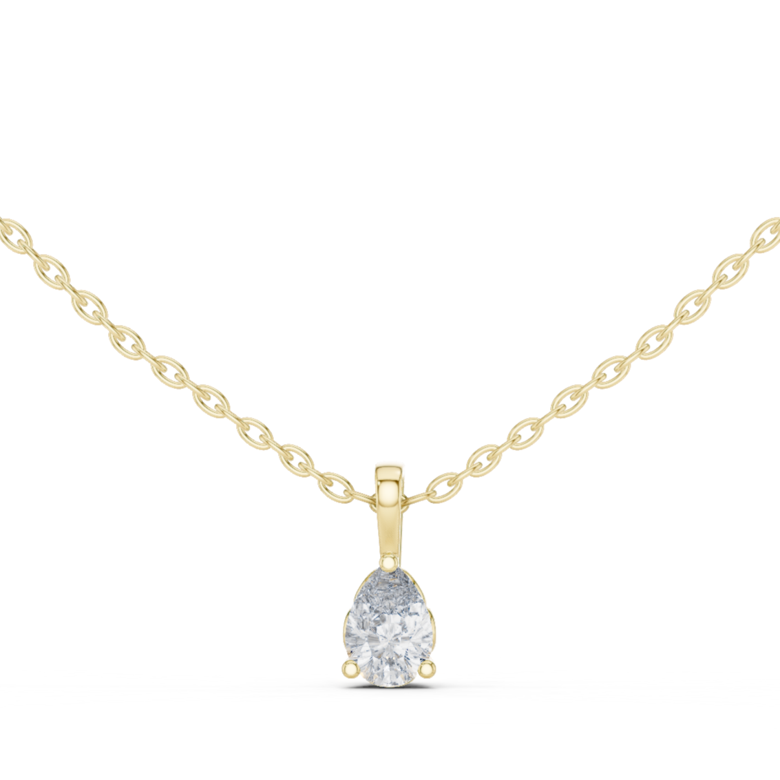 Exquisite pear-shaped diamond pendant with a refined three-prong setting and polished bail.