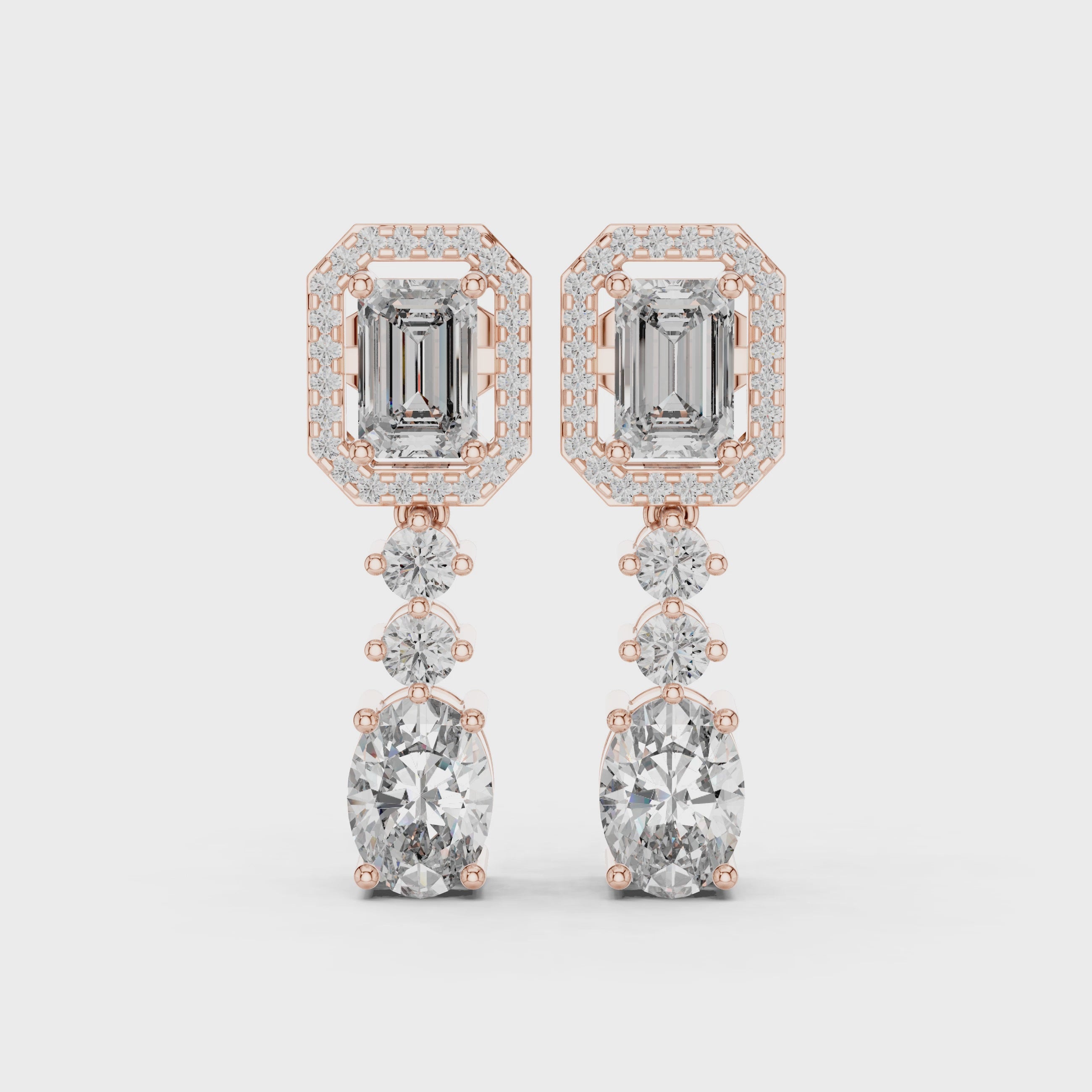 Radiant Elegance Rose Gold Emerald & Oval Diamond Drop Earrings