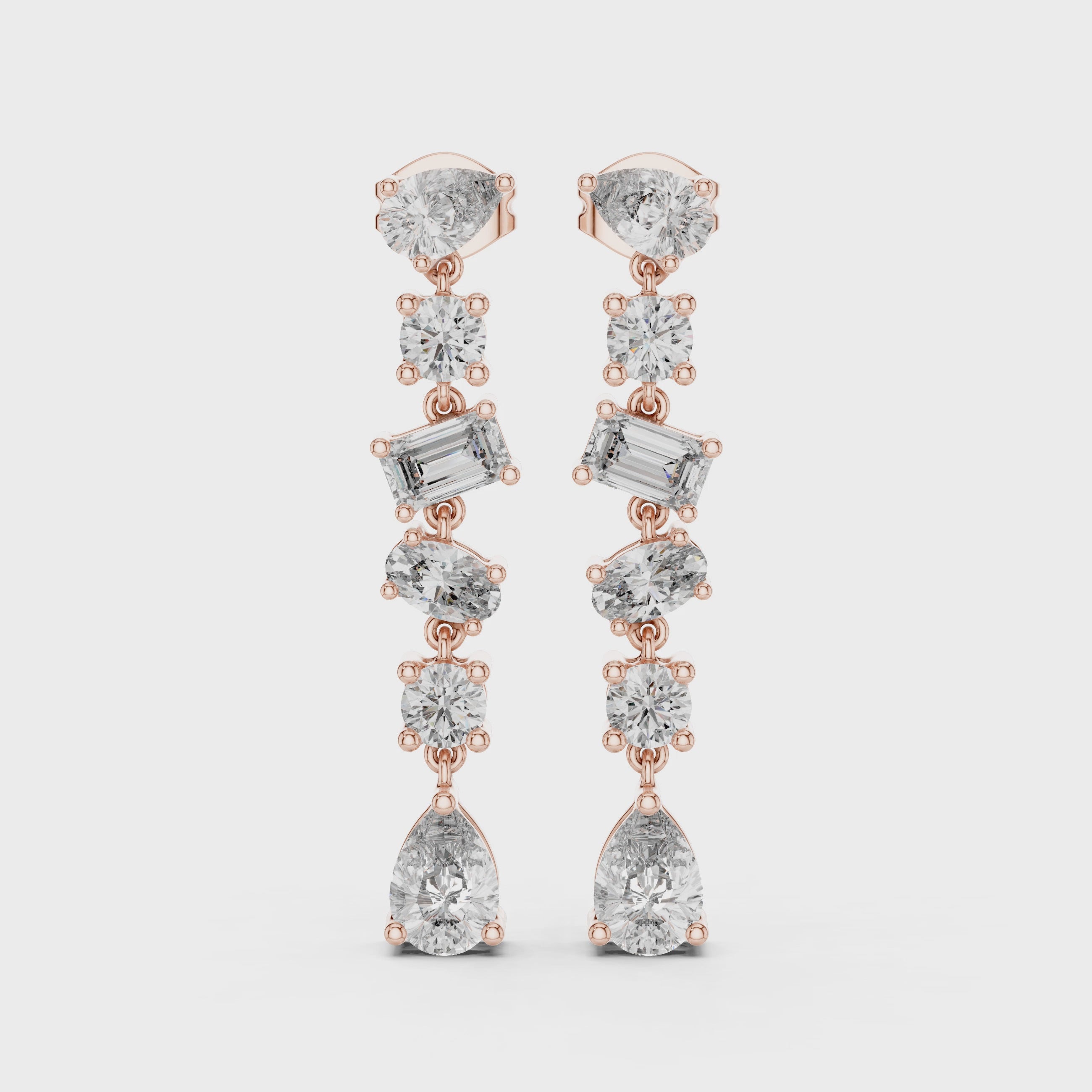 Elegant Rose Gold Multi-Cut Diamond Drop Earrings