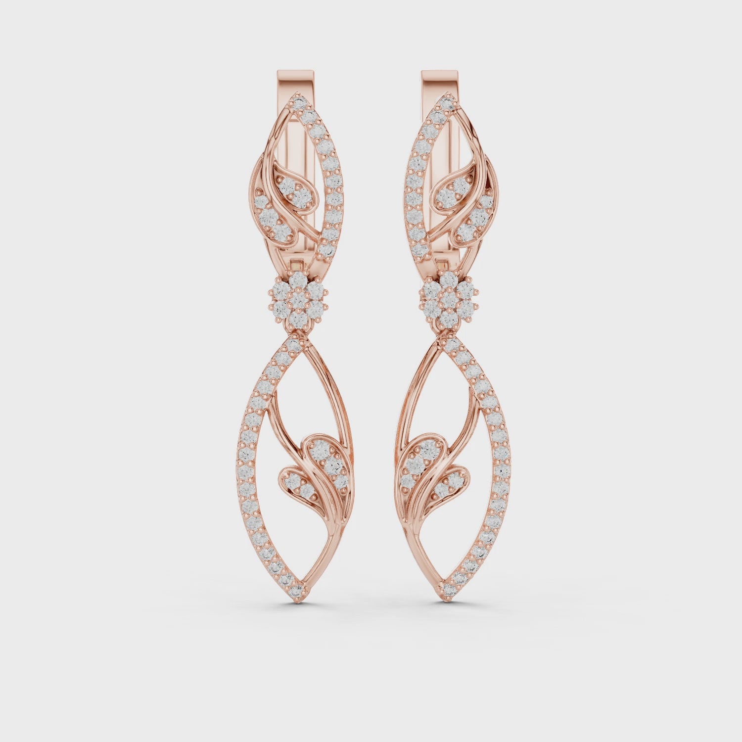 Elegant Rose Gold Diamond Leaf Drop Earrings