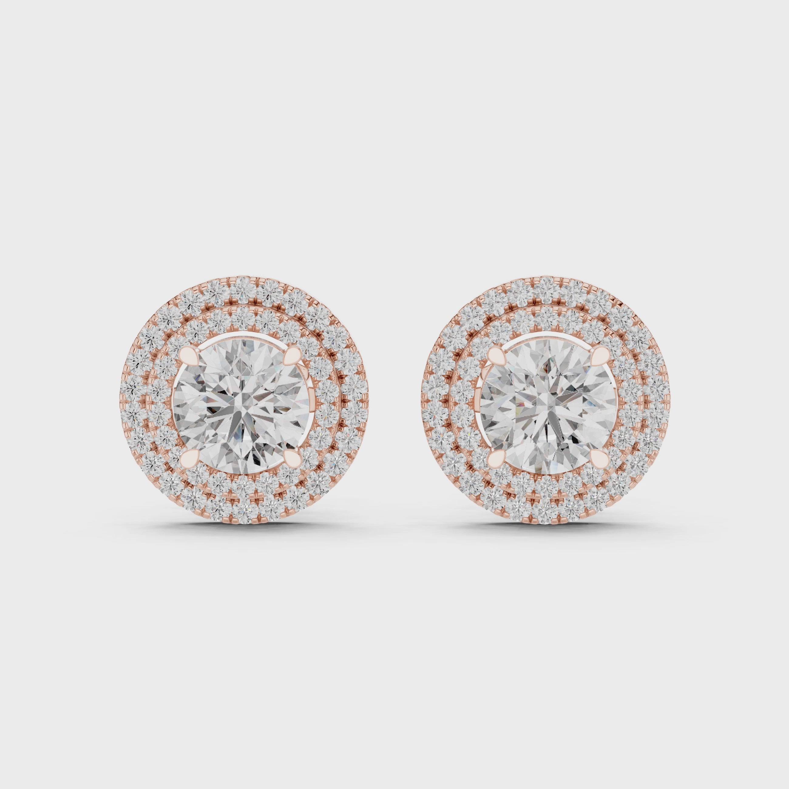 Double Halo Round Cut Diamond Stud Earrings with Rose Gold Setting