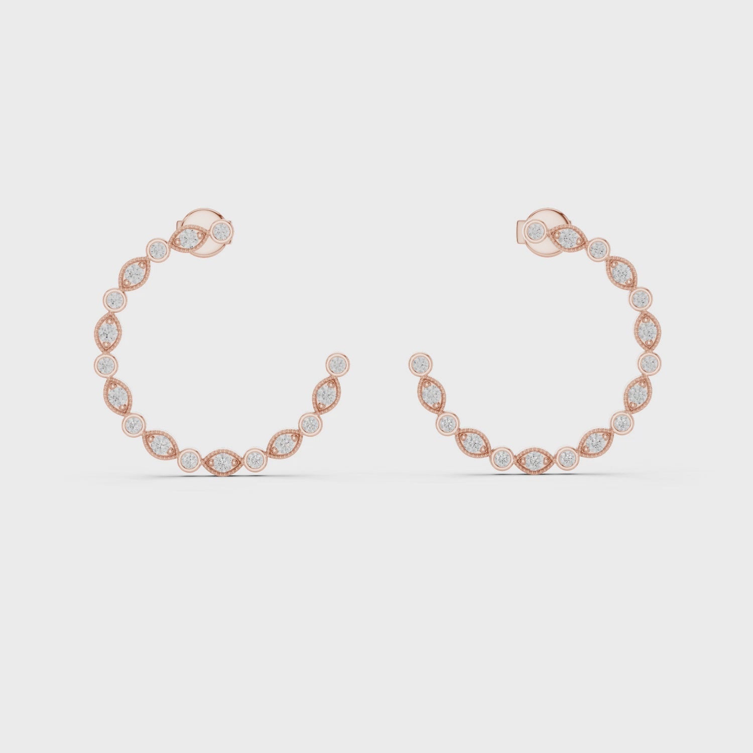 Rose Gold Diamond Hoop Earrings with Alternating Round and Marquise Settings
