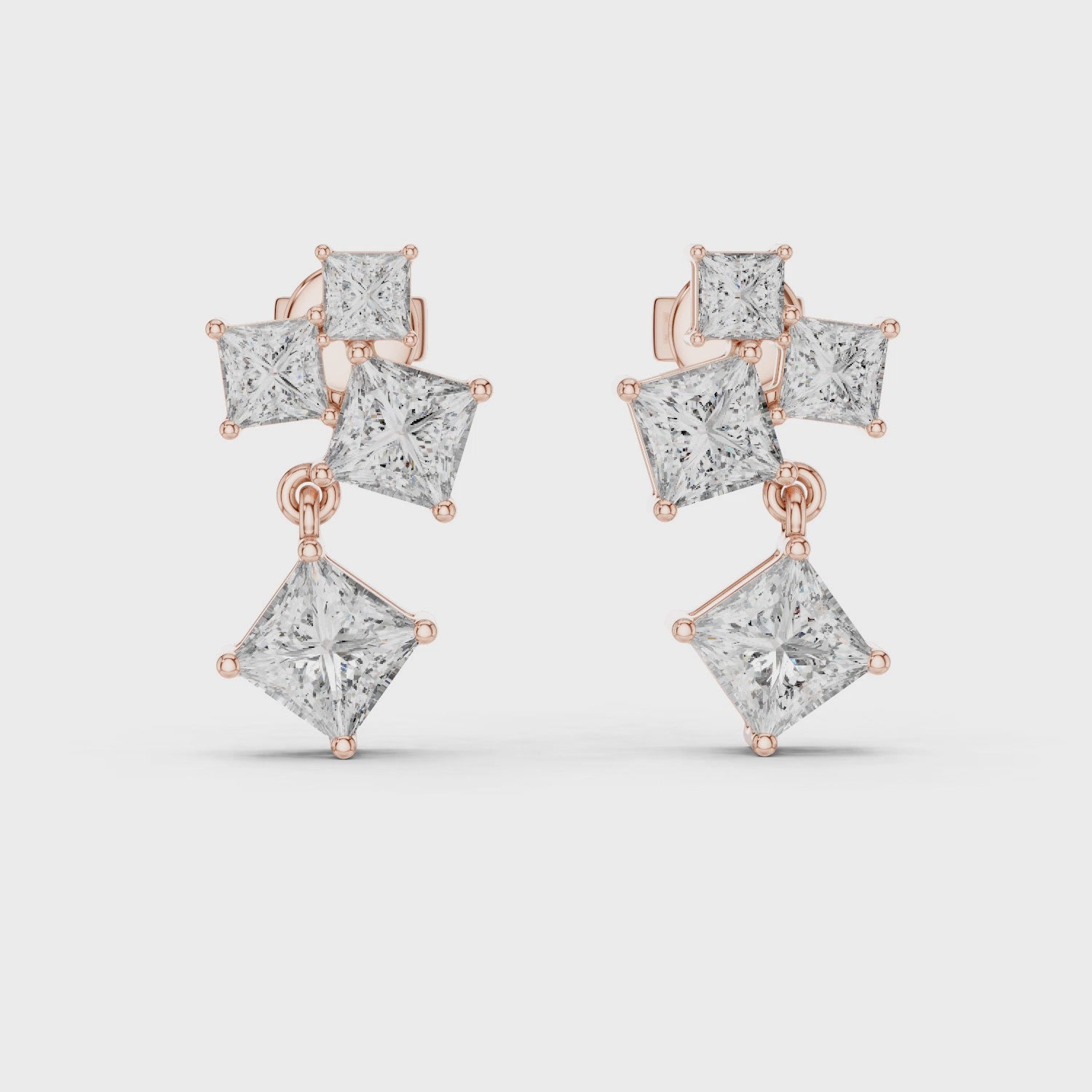 Radiant Geometry: Princess Cut Diamond Rose Gold Earrings.